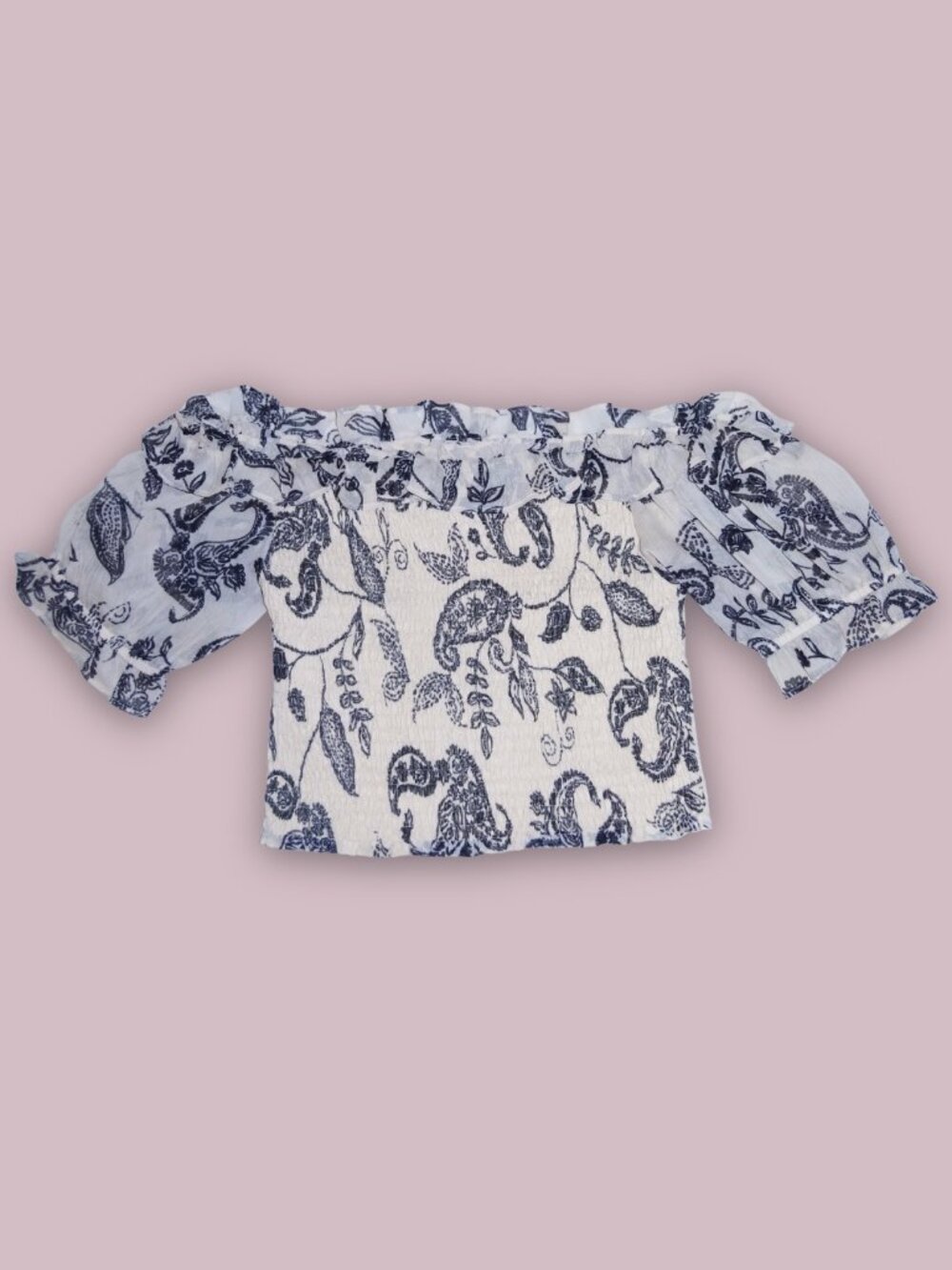 Express Smocked Ruffled Puff Sleeve Floral Paisley Off Shoulder Crop Top